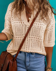 Loretta Turn-down Collar Hollowed Knit Short Sleeve Top