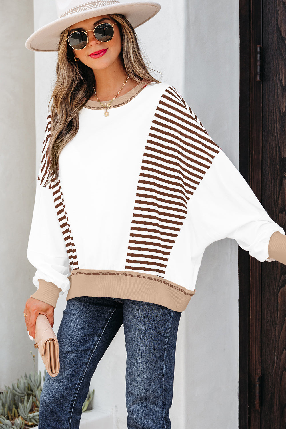 Stripe Colorblock Patchwork Contrast Stitch Sweatshirt