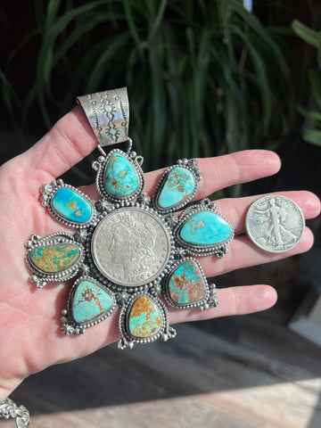 Apache Sterling Silver, Morgan Dollar and Natural Royston and Pilot Mountain Turquoise Pendant by Rosella Paxson