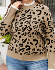 Plus Size Leopard Knit Lacy Trim Long Sleeve Sweater