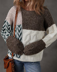 Colorblock Cable Knit Patchwork Tied Back Sweater