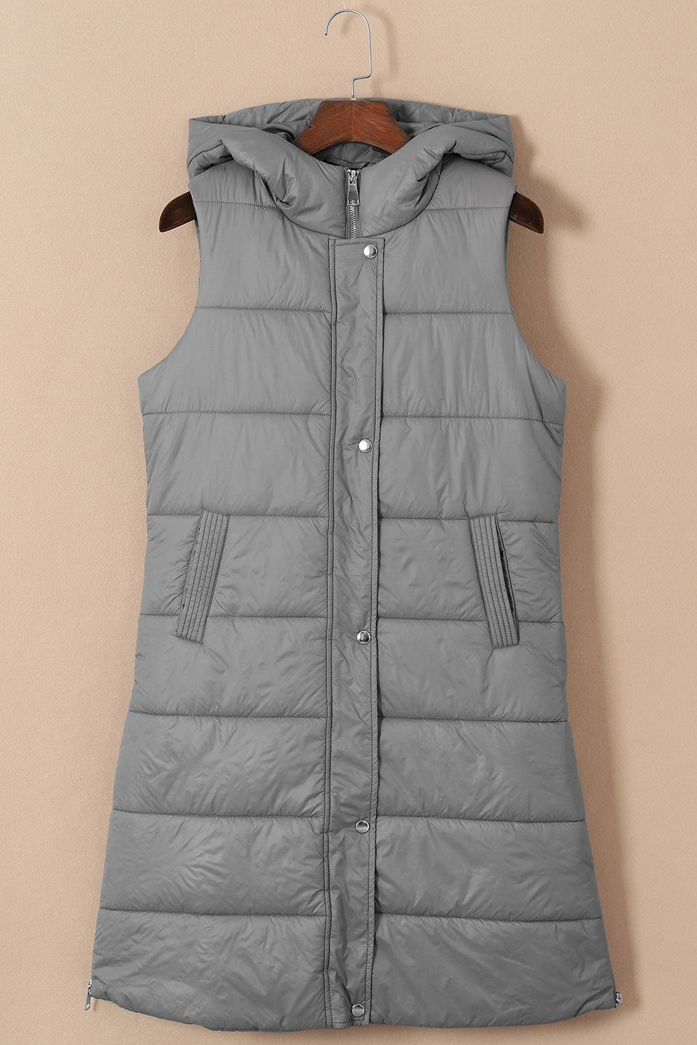 Solid Quilted Long Hooded Vest Coat
