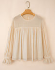 Solid Chiffon Pleated Ruffle Long Sleeve Blouse