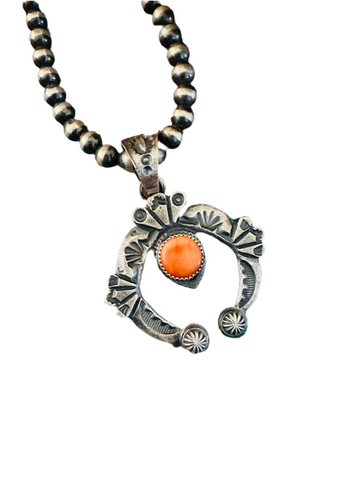 Navajo Sterling Silver & Orange Spiny Naja Pendant by Kevin Billah