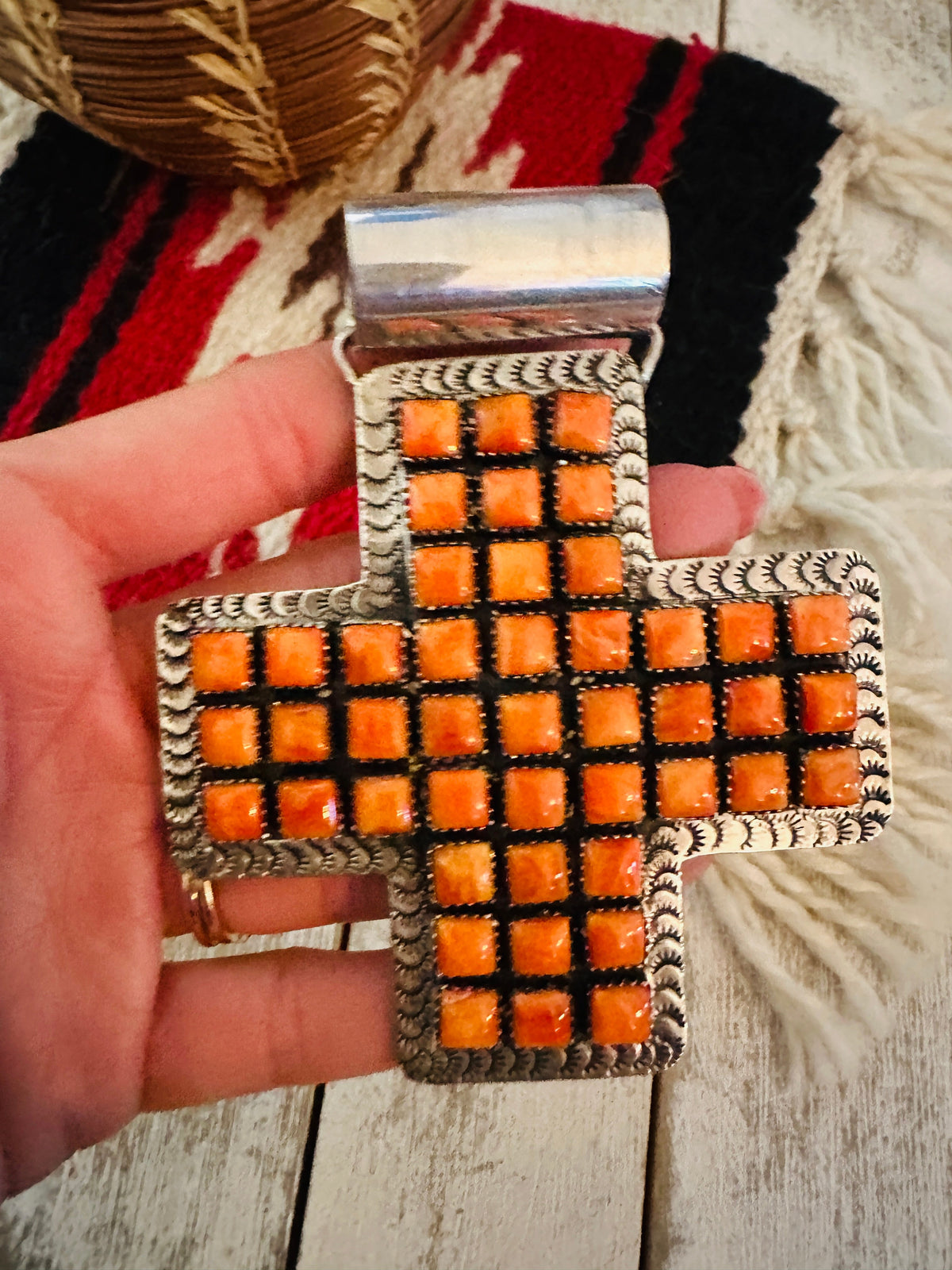 Navajo Sterling Silver & Orange Spiny Cross Pendant by Marcella James