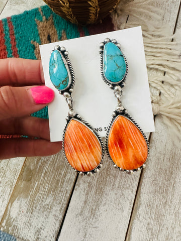 Navajo Orange Spiny, Turquoise and Sterling Silver Dangle Earrings
