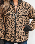 Leopard Zip-Up Stand Neck Side Pocket Jacket