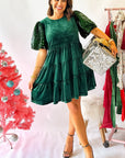 Velvet Sequin Puff Sleeve Tiered Mini Dress