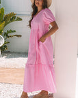 Ella Stripe V Neck Puff Short Sleeve Maxi Dress