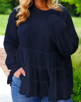 Plus Size Solid Ruffle Tiered Ribbed Crewneck Top
