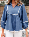 Solid Lace Ric-Rac 3/4 Sleeve Babydoll Blouse