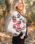 Floral Knit Button-Front V-Neck Cardigan