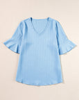 Textured Ruffle Sleeve V-Neck Top