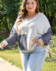 Plus Size Textured Patchwork Long Sleeve V-Neck Top