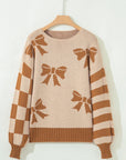 Bow Checker Stripe Patchwork Sleeve Drop Shoulder Sweater