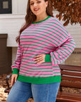 Pink Stripe Waffle Knit Crew Neck Plus Size Sweatshirt