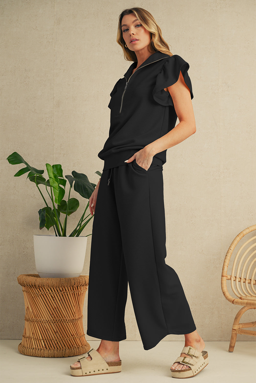 Textured Ruffle Sleeve Zipped Top and Wide Leg Pants Set