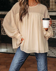 Solid Chiffon Pleated Ruffle Long Sleeve Blouse