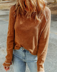 Solid Waffle Knit Round Neck Long Sleeve Top