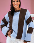 Stripe Colorblock Thermal Textured Knit Drop Shoulder Sweater