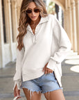 Solid Collared Drop Shoulder Side Slit Sweatshirt