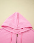 Solid Ribbed Zip-Up Drawstring Hooded Jacket