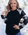 Kayla Sequin Plaid Patchwork Raglan Sleeve Top