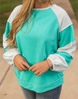 Aruba Blue Colorblock Patchwork Cross Seam Plus Sweatshirt