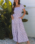 Floral Bubble Sleeve Shirred High Waist Maxi Dress