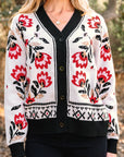 Floral Knit Button-Front V-Neck Cardigan