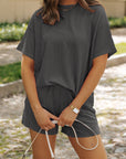 Solid Corded Short Sleeve Tee and Shorts Set