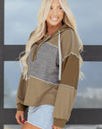 Waffle Knit Patchwork Buttoned Hooded Sweatshirt