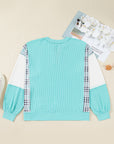 Plus Size Plaid Patchwork Corded Knit Long Sleeve Top