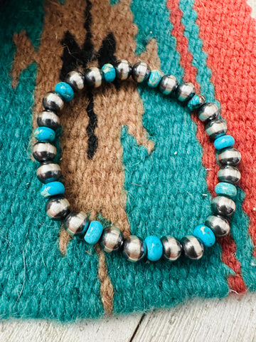 Navajo Turquoise & Sterling Silver Pearl Beaded Stretch Bracelet