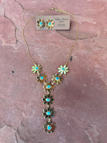 "Summer Flower Turquoise & Gold Lariat Necklace & Earring Set"