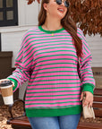 Pink Stripe Waffle Knit Crew Neck Plus Size Sweatshirt