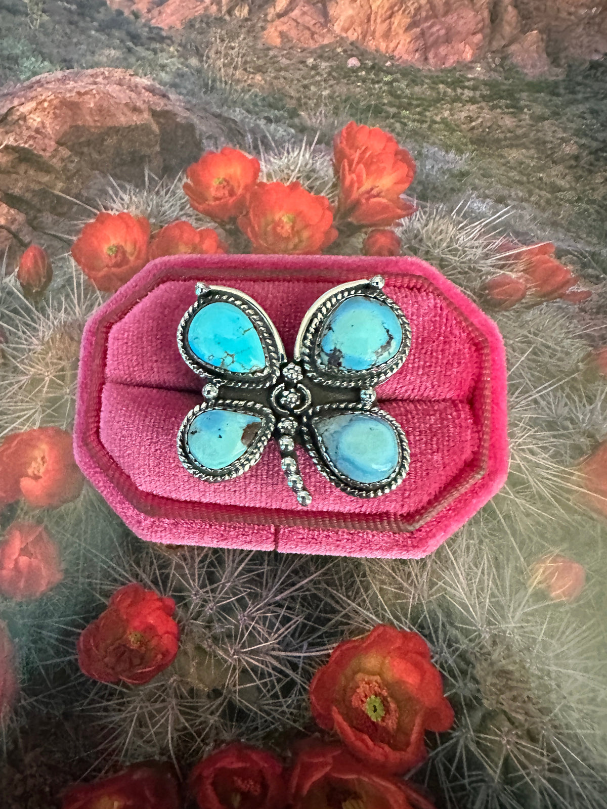 Handmade Butterfly Golden Hills Turquoise & Sterling Adjustable Ring