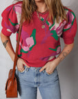 Floral Abstract Short Puff Sleeve Sweater