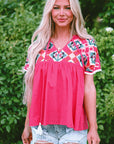Zayla Embroidered Tassel Tie V Neck Blouse