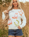 Western Tinsel Boots Crew Neck Sweater