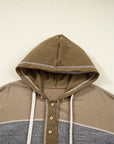 Waffle Knit Patchwork Buttoned Hooded Sweatshirt