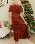 Velvet Shirred Waist Tiered Maxi Dress