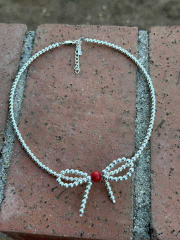 Stylish Sterling Silver Coral & Christmas Pearl Bow Tie Necklace