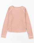 Solid Waffle Knit Round Neck Long Sleeve Top