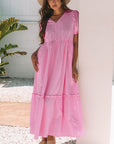 Ella Stripe V Neck Puff Short Sleeve Maxi Dress