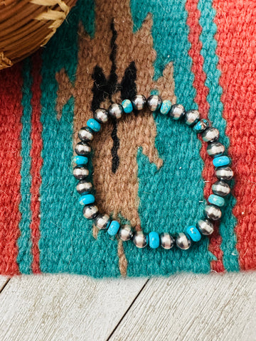 Navajo Turquoise & Sterling Silver Pearl Beaded Stretch Bracelet