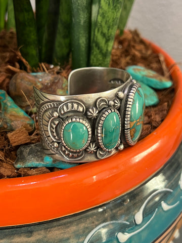 Navajo Sterling Silver and Royston Turquoise Cuff Bracelet by Roland Dixson