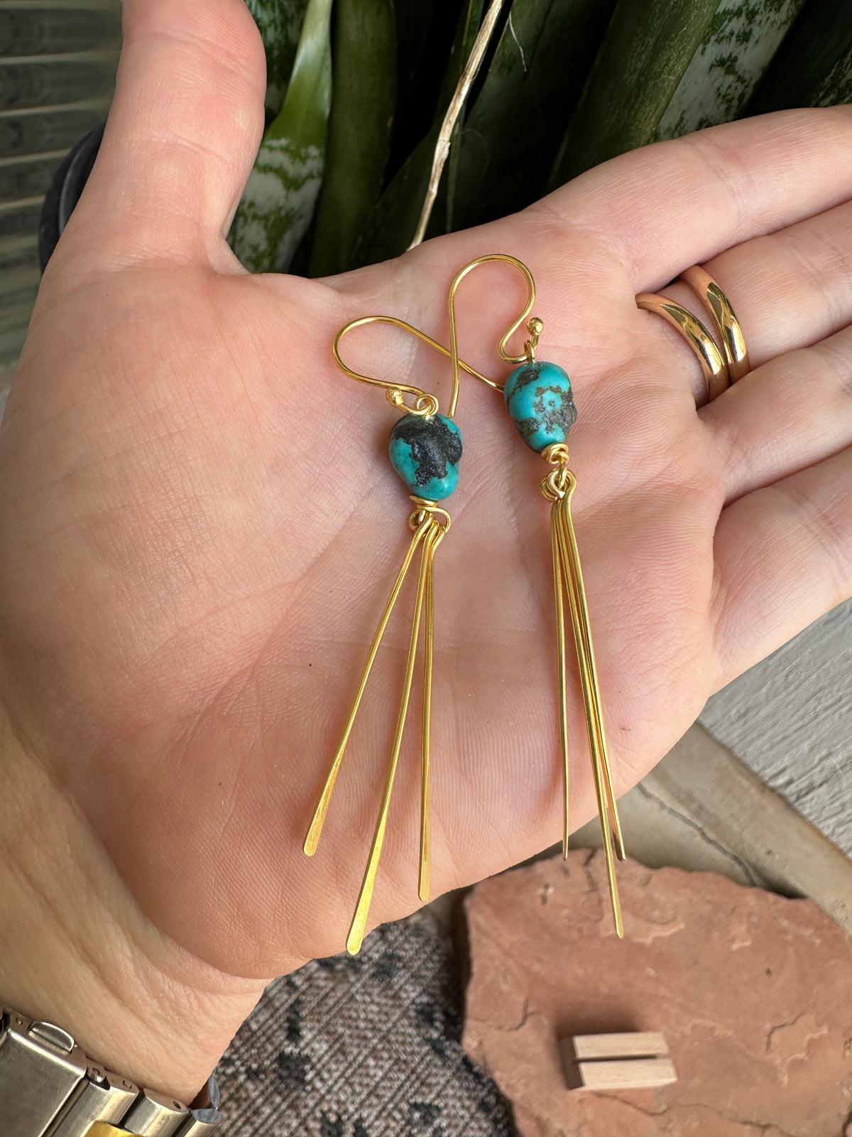 Western Fringe Turquoise Earrings-Gold-Plated Silver-Golden Collection