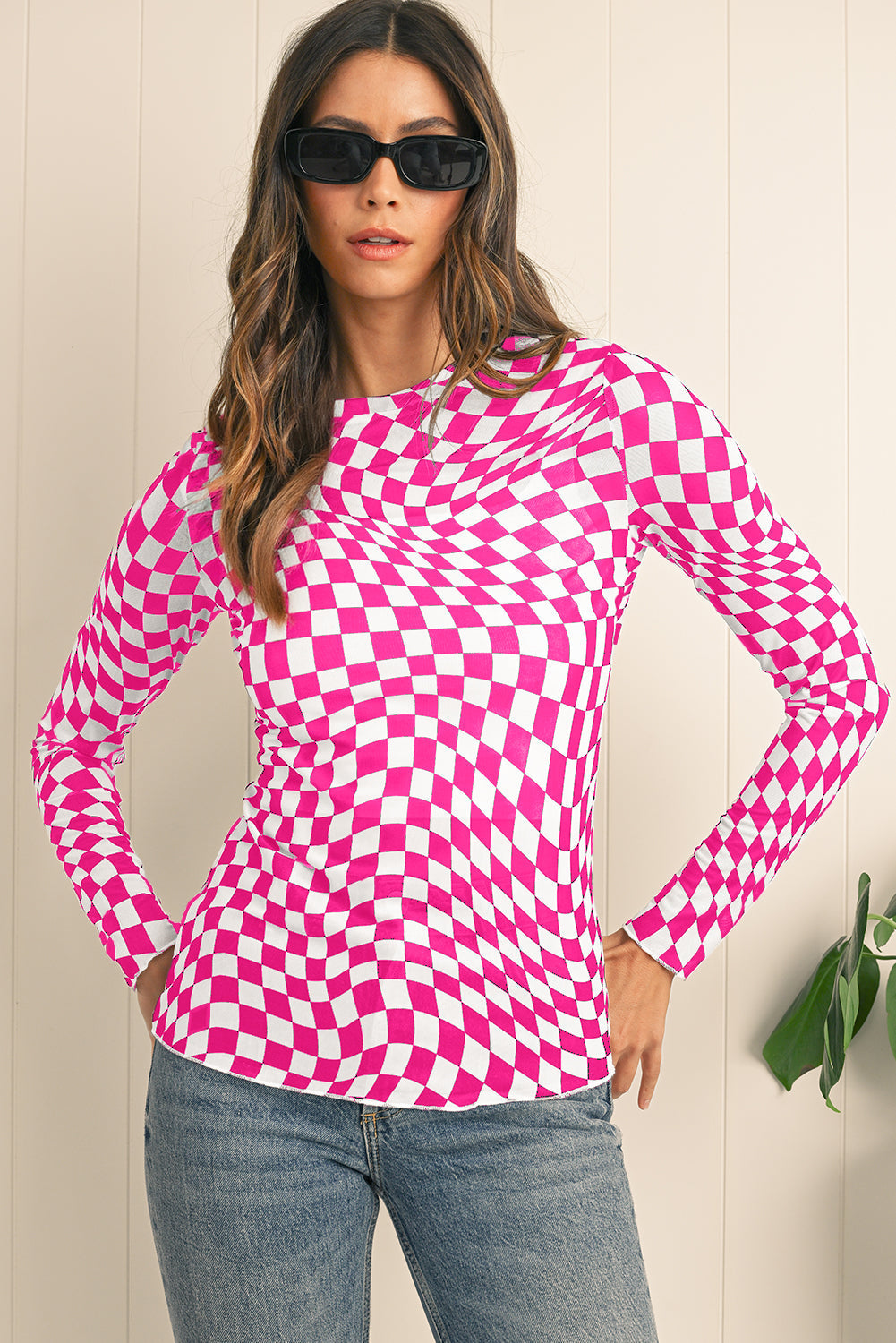 Checkered Pattern Mesh Long Sleeve Top
