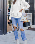 Solid Ripped Hooded Sweatshirt